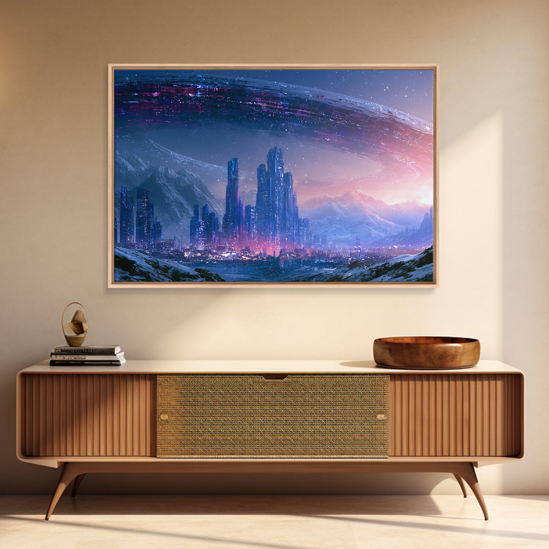 Giant Ring World Seen from a Valley Canvas Print, Scifi Art, Contemporary Art, Living Room Decor, Oil Painting, Orbit, SCI-3x2-12