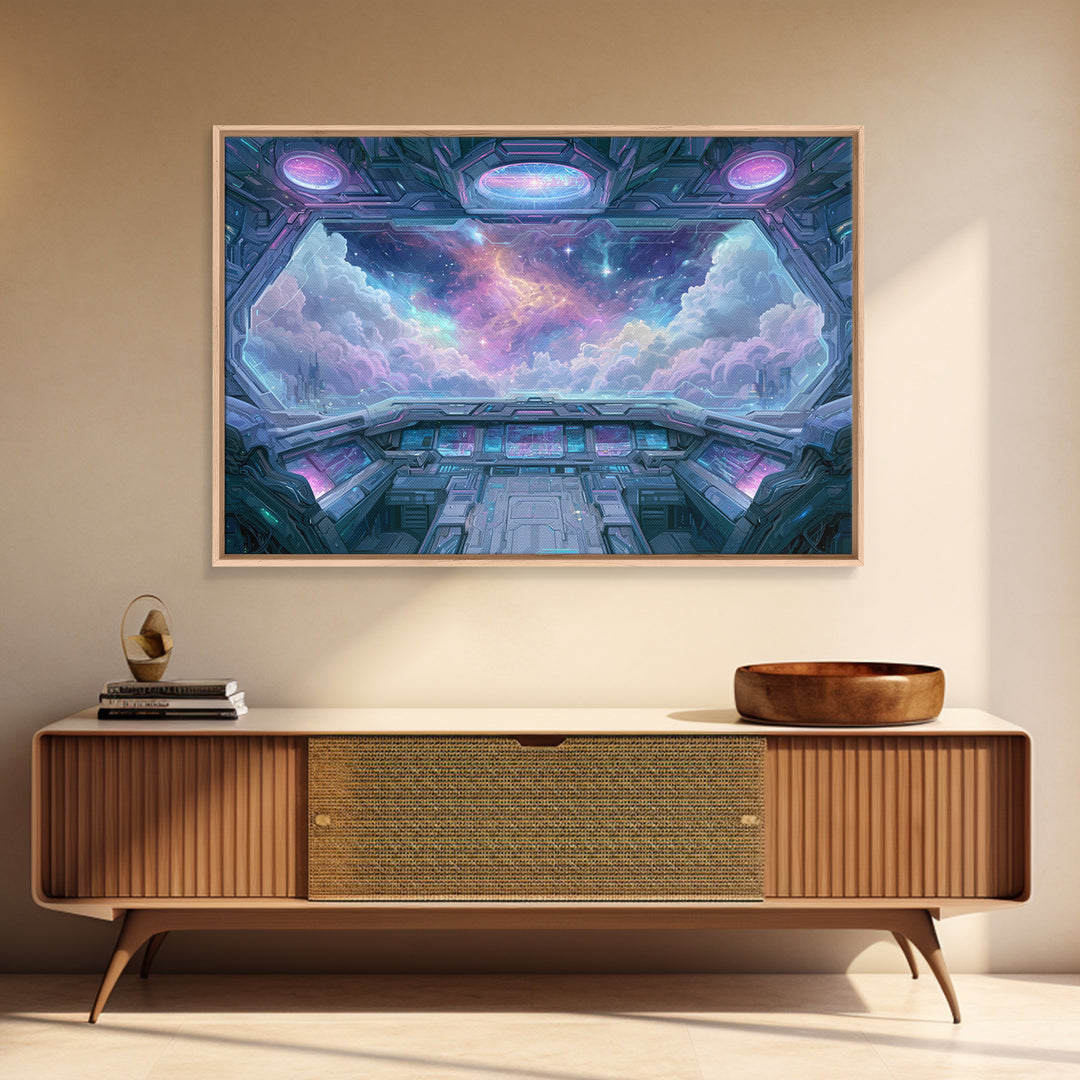 Starship Cockpit View of Nebula Clouds Framed Canvas Print, Scifi Art, Mid Century Art, Living Room Decor, Fine Art, Orbit, SCI-3x2-15
