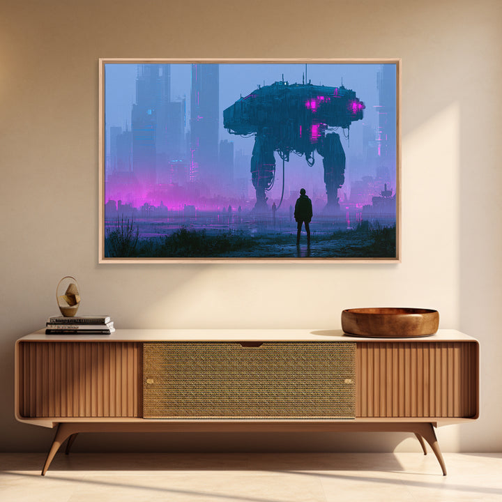 Mech Silhouette in Rainy Neon City Framed Canvas Print, Scifi Art, Statement Artwork, Living Room Decor, Fine Art, Orbit, SCI-3x2-19