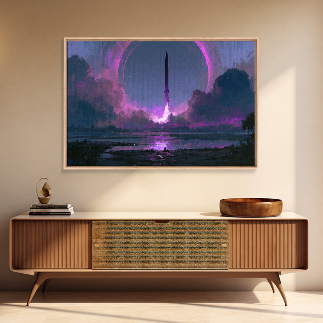 Retro Rocket Launching Through Cloud Rings Framed Canvas Print, Scifi Art, Art Print, Living Room Decor, Fine Art, Orbit, SCI-3x2-35