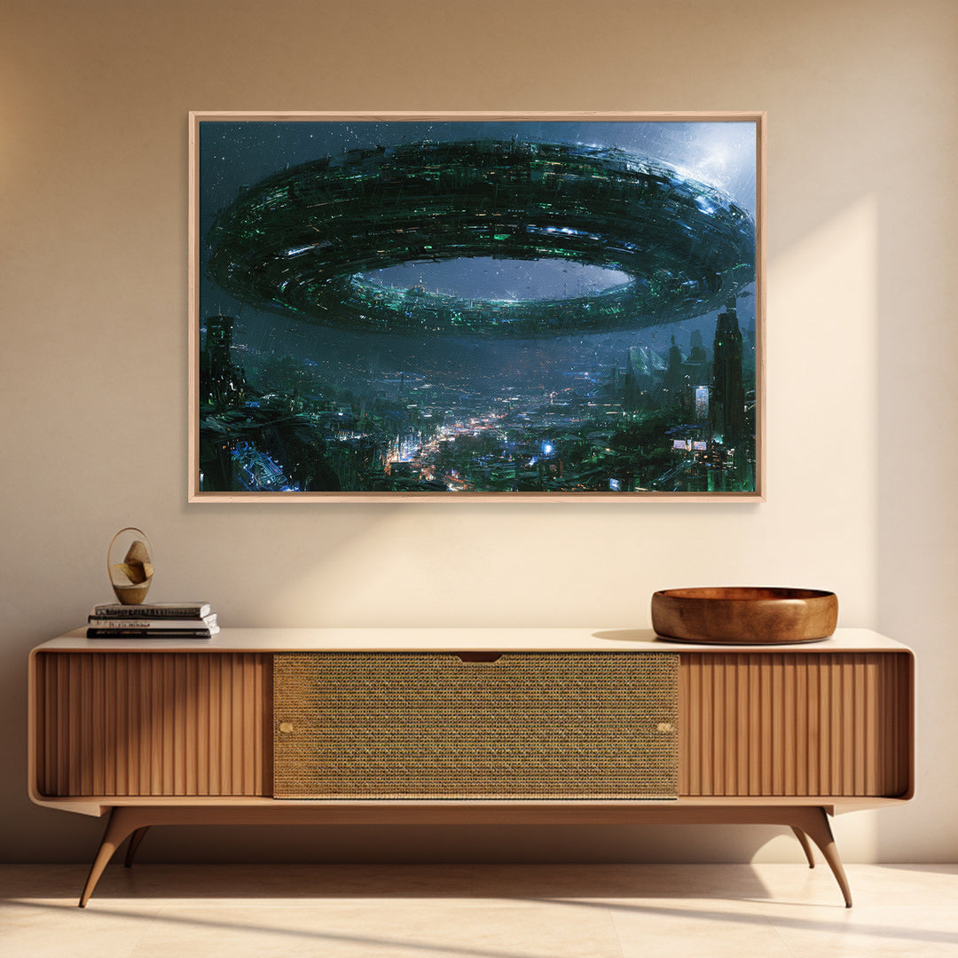 Giant Ring World Seen from a Valley Framed Canvas Print, Scifi Art, Game Room Decor, Living Room Decor, Fine Art, Orbit, SCI-3x2-36