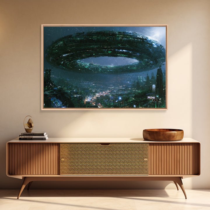 Giant Ring World Seen from a Valley Framed Canvas Print, Scifi Art, Game Room Decor, Living Room Decor, Fine Art, Orbit, SCI-3x2-36