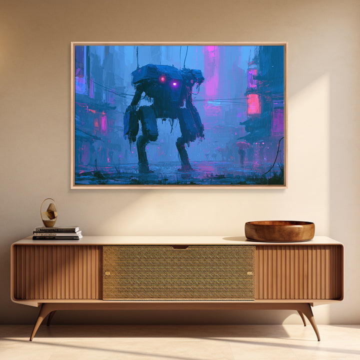 Mech Silhouette in Rainy Neon City Canvas Print, Scifi Art, Textured Painting, Living Room Decor, Abstract Art, Orbit, SCI-3x2-43