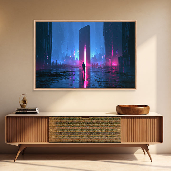 Astronaut Standing Before a Glowing Monolith Canvas Print, Scifi Art, Contemporary Art, Living Room Decor, Fine Art, Orbit, SCI-3x2-54