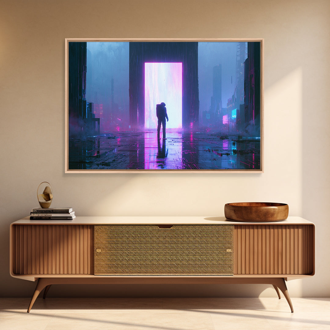 Astronaut Standing Before a Glowing Monolith Framed Canvas Print, Scifi Art, Modern Art, Living Room Decor, Fine Art, Orbit, SCI-3x2-6