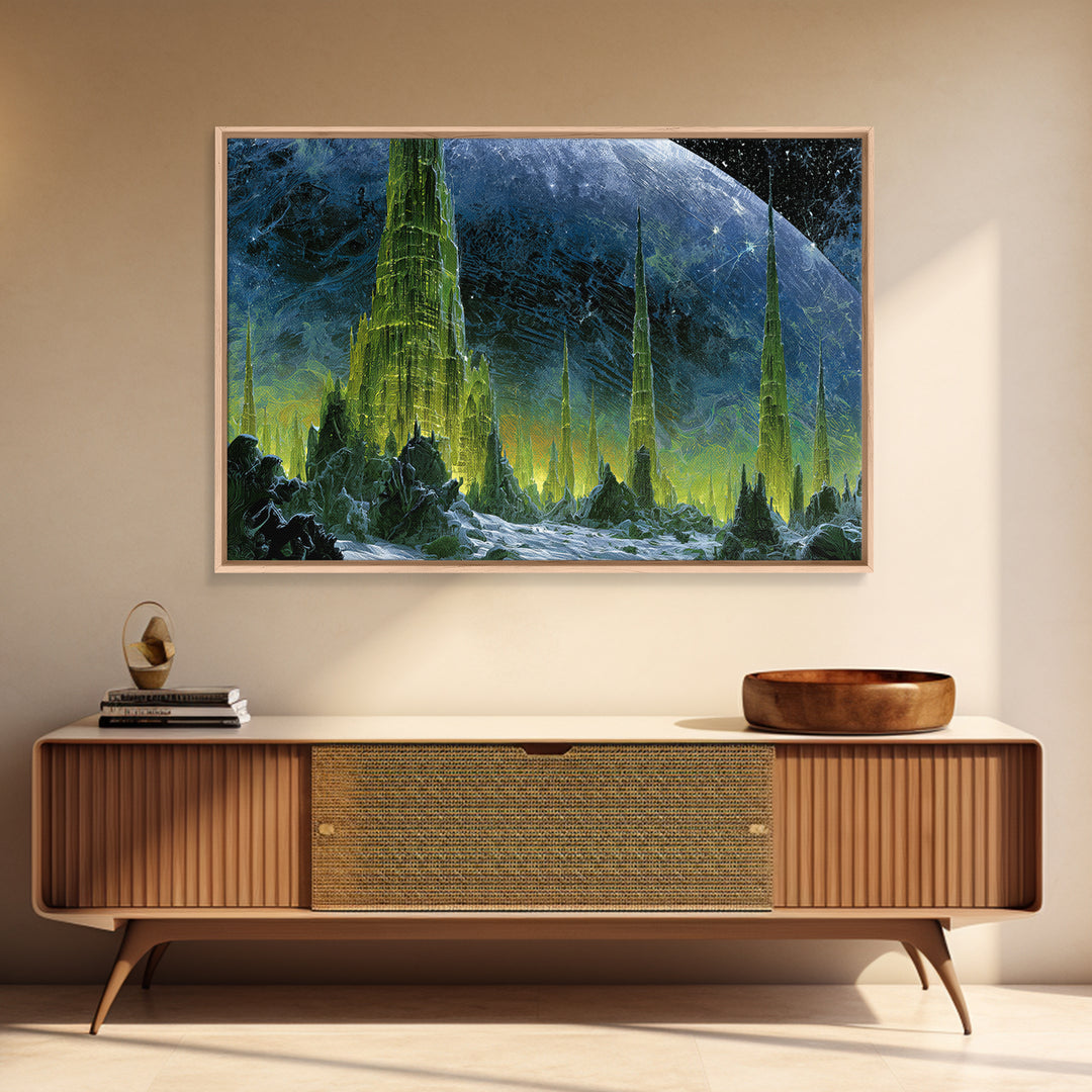 Terraforming Towers on a Silent Planet Framed Canvas Print, Scifi Art, Living Room Decor, Abstract Art, Orbit, SCI-3x2-64