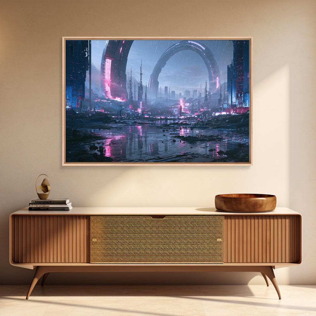 Giant Ring World Seen from a Valley Canvas Print, Scifi Art, Poster, Living Room Decor, Fine Art, Orbit, Retro Wall Art, SCI-3x2-84