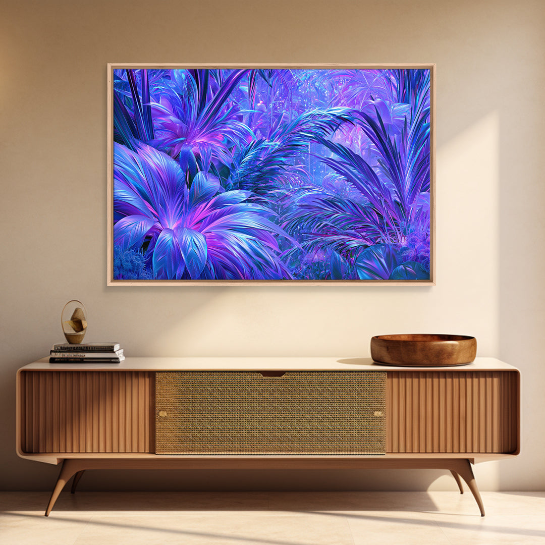 Alien Jungle with Bioluminescent Plants Framed Canvas Print, Scifi Art, Contemporary Art, Living Room Decor, Fine Art, Orbit, SCI-3x2-9