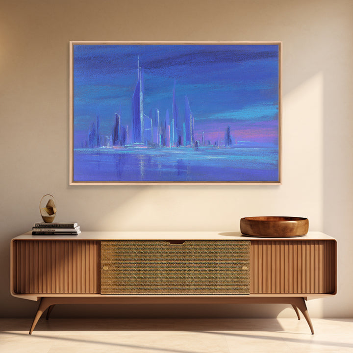 Mech Silhouette in Rainy Neon City Framed Canvas Print, Scifi Art, Retro Wall Art, Living Room Decor, Oil Painting, Orbit, SCI-3x2-91
