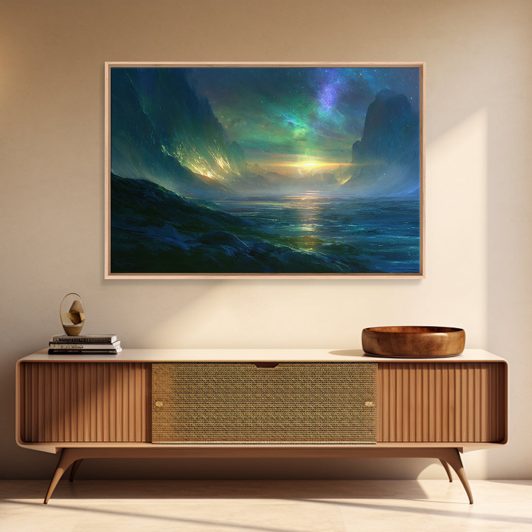 Planetary Sunrise over Ice Cliffs Canvas Print, Scifi Art, Fantasy Art, Living Room Decor, Fine Art, Orbit, Textured Painting, SCI-3x2-98