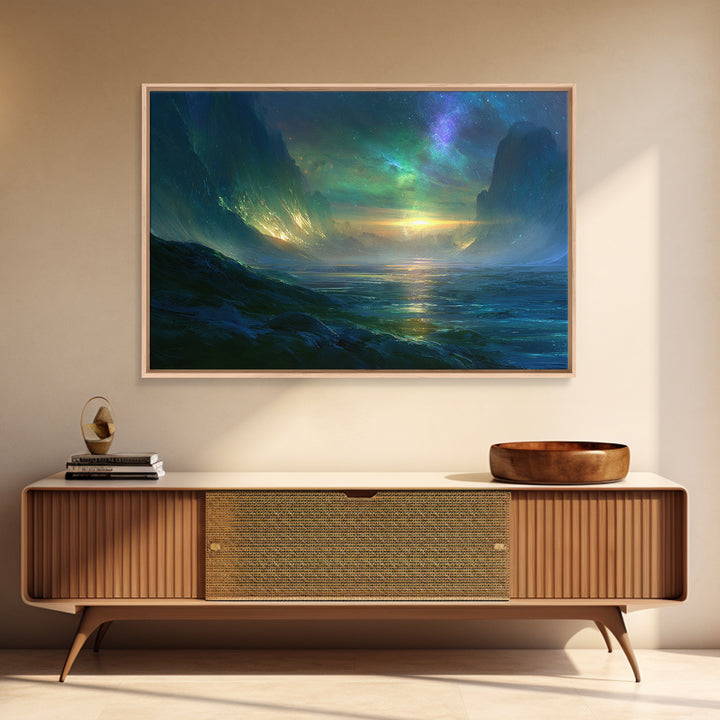 Planetary Sunrise over Ice Cliffs Canvas Print, Scifi Art, Fantasy Art, Living Room Decor, Fine Art, Orbit, Textured Painting, SCI-3x2-98