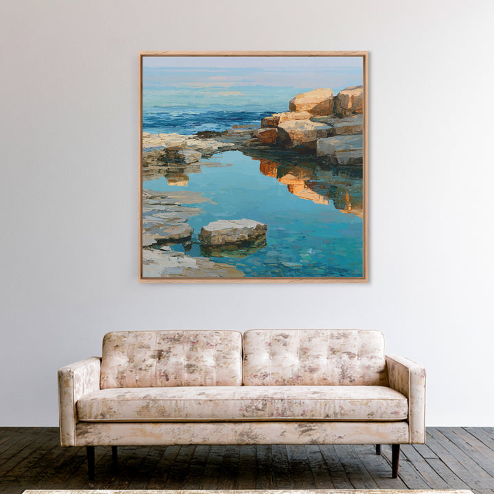 Rocky Tidepool with Reflections Framed Canvas Print, Seascape Art, Canvas Wall Art, Coastal Decor, Fine Art, Seascape, SEA-1x1-11