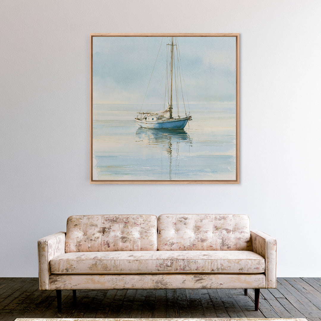 Quiet Sailboat on Glassy Water Framed Canvas Print, Seascape Art, Gallery Decor, Coastal Decor, Fine Art, Seascape, SEA-1x1-32