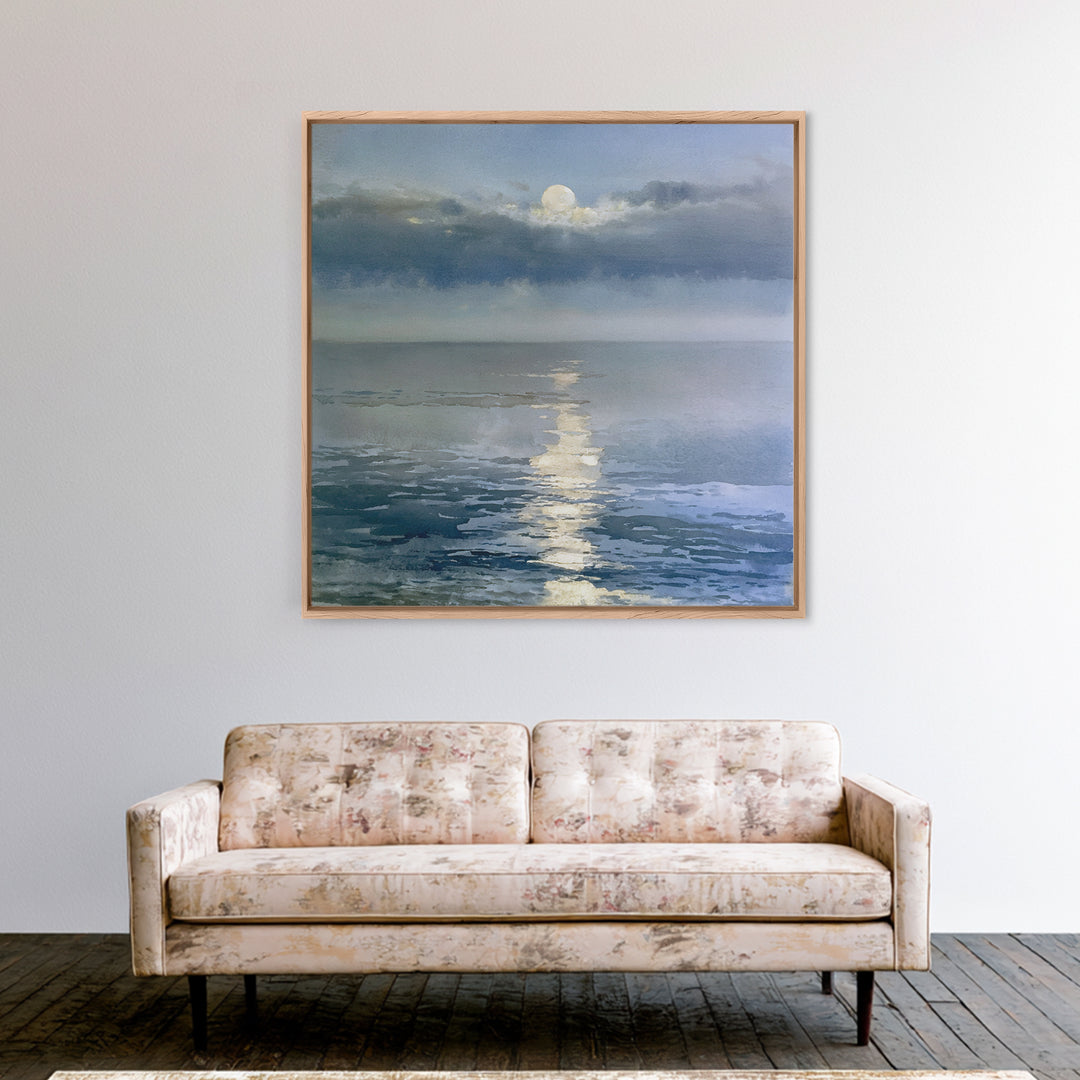 Moonlit Ocean with Silver Path of Light Framed Canvas Print, Seascape Art, Abstract Painting, Coastal Decor, Fine Art, Seascape, SEA-1x1-51