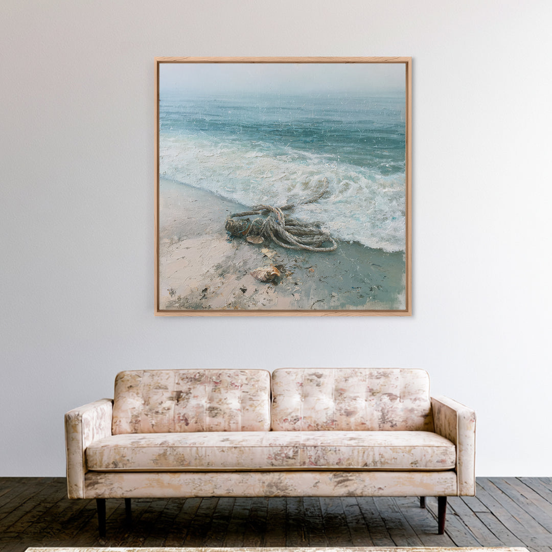 Rain over Ocean with Blurred Horizon Framed Canvas Print, Seascape Art, Canvas Print, Coastal Decor, Oil Painting, Seascape, SEA-1x1-68