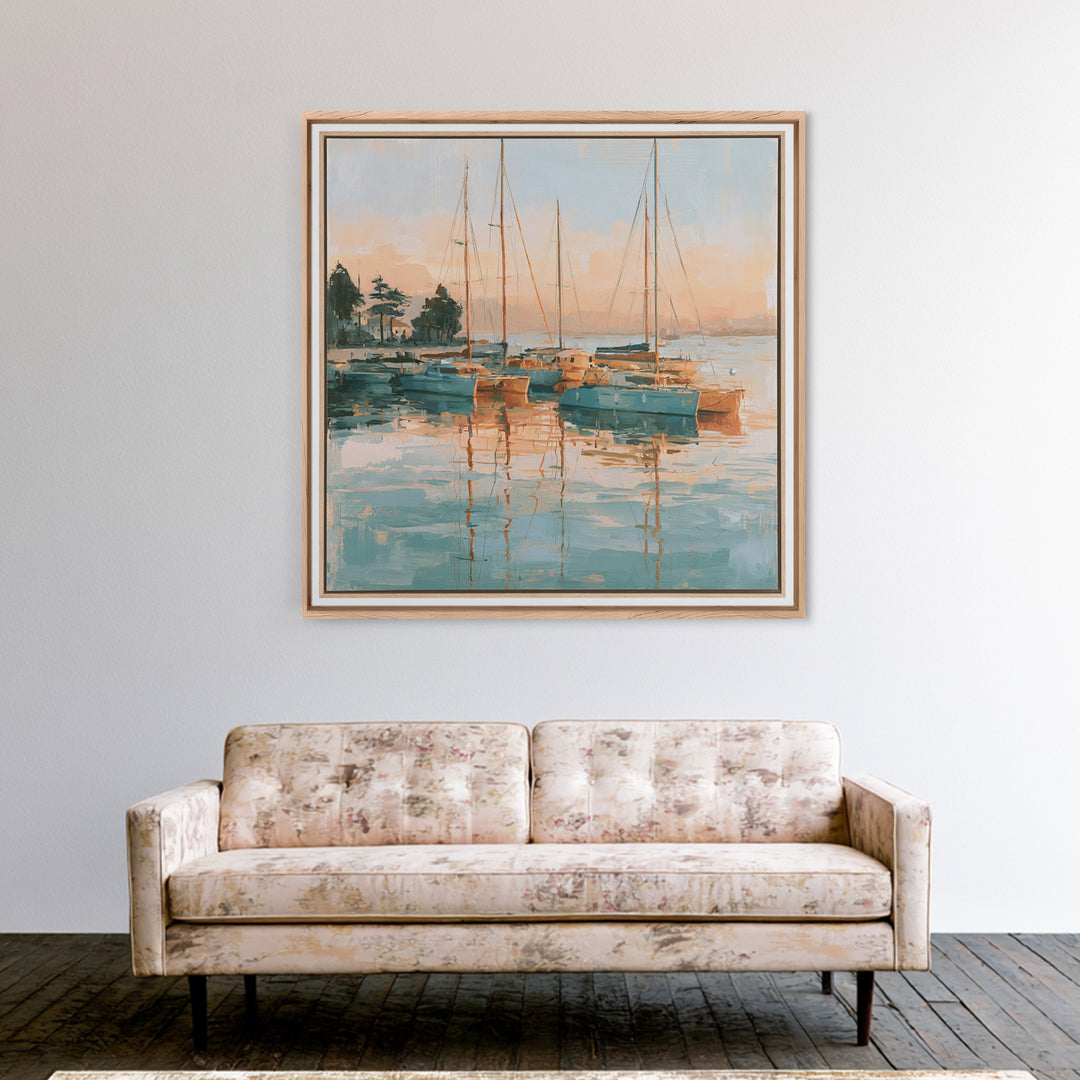 Mediterranean Harbor at Dawn Framed Canvas Print, Seascape Art, Living Room Wall Art, Coastal Decor, Fine Art, Seascape, SEA-1x1-70