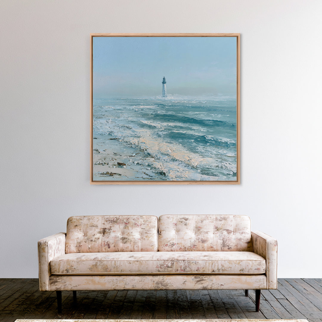 Dramatic Lighthouse in Distant Spray Framed Canvas Print, Seascape Art, Gallery Decor, Coastal Decor, Fine Art, Seascape, SEA-1x1-78
