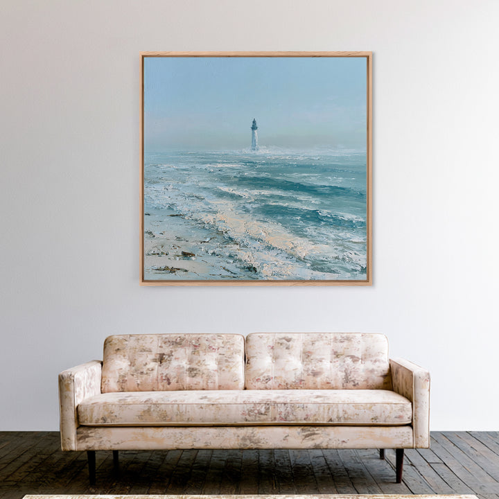 Dramatic Lighthouse in Distant Spray Framed Canvas Print, Seascape Art, Gallery Decor, Coastal Decor, Fine Art, Seascape, SEA-1x1-78