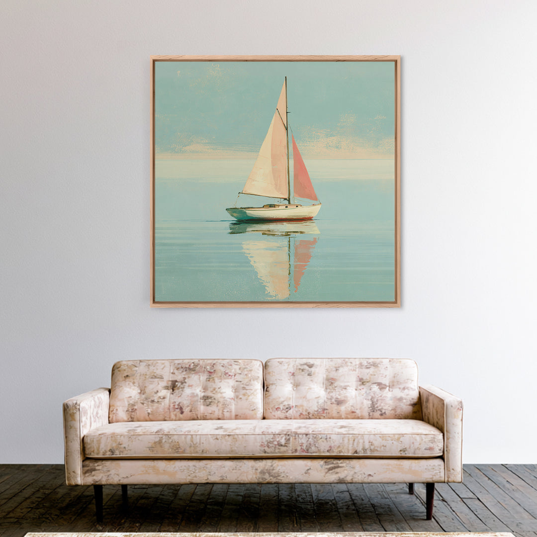 Quiet Sailboat on Glassy Water Framed Canvas Print, Seascape Art, Neutral Decor, Coastal Decor, Fine Art, Seascape, Home Decor, SEA-1x1-80