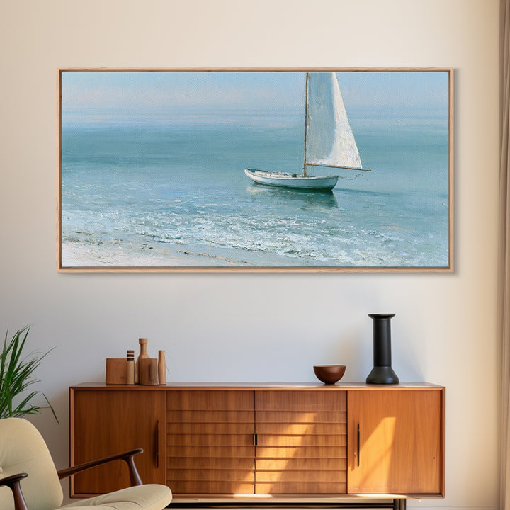 Quiet Sailboat on Glassy Water Framed Canvas Print, Seascape Art, Watercolor Painting, Coastal Decor, Fine Art, Seascape, SEA-2x1-100