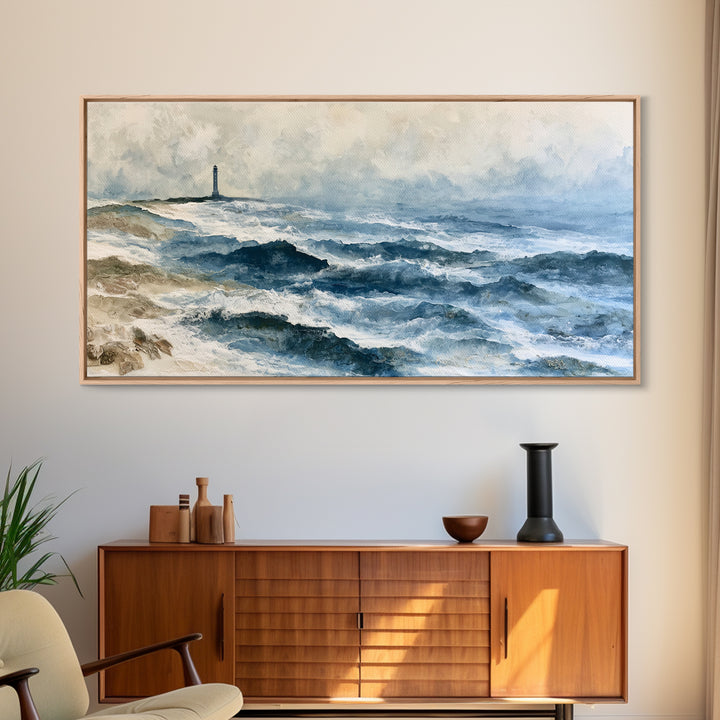 Dramatic Lighthouse in Distant Spray Canvas Print, Seascape Art, Boho Decor, Coastal Decor, Abstract Art, Seascape, SEA-2x1-26
