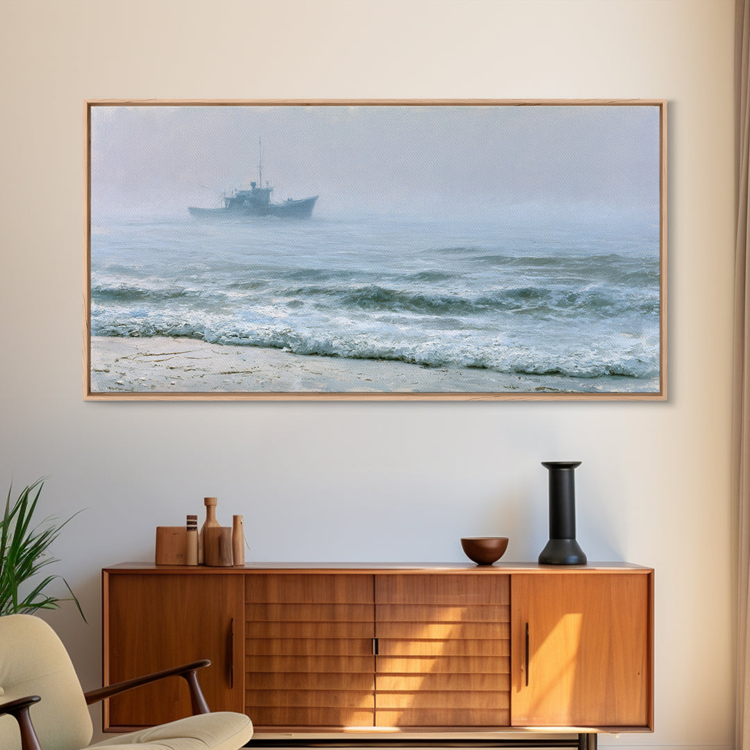Fishing Boat Silhouette Framed Canvas Print, Seascape Art, Luxury Decor, Coastal Decor, Fine Art, Seascape, Oil Painting, SEA-2x1-34