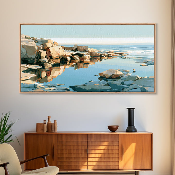Rocky Tidepool with Reflections Framed Canvas Print, Seascape Art, Bedroom Decor, Coastal Decor, Seascape, Coastal Wall Art, SEA-2x1-55