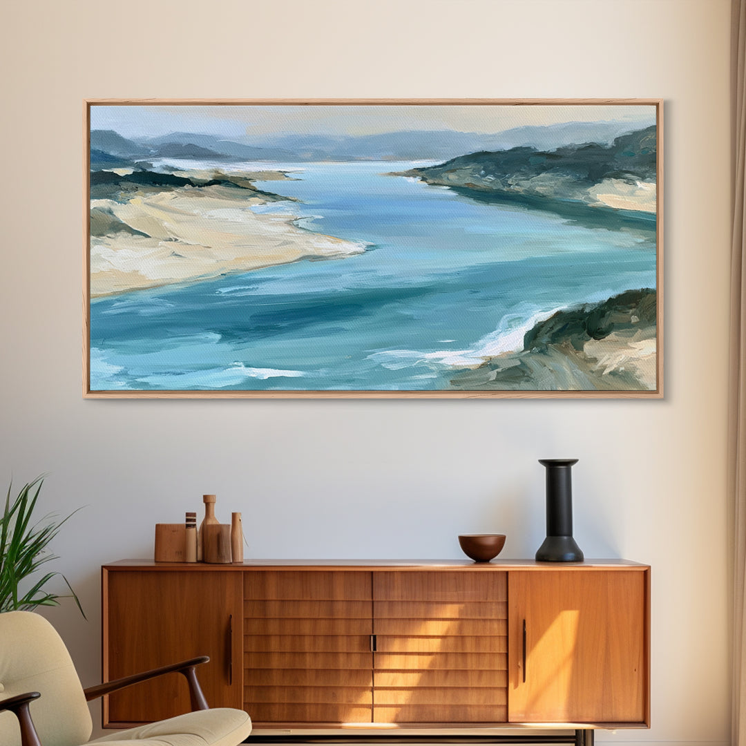 Coastal Cove with Turquoise Water Framed Canvas Print, Seascape Art, Wall Art Print, Coastal Decor, Watercolor Art, Seascape, SEA-2x1-59