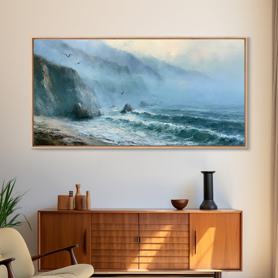 Misty Sea Cliffs Framed Canvas Print, Seascape Art, Abstract Art, Coastal Decor, Seascape, Nautical Decor, Coastal Wall Art, SEA-2x1-97