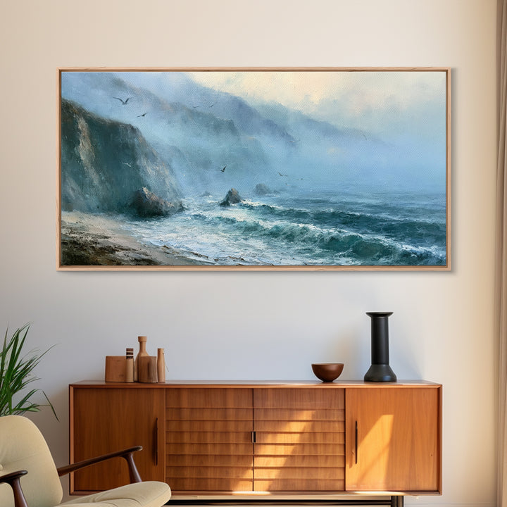 Misty Sea Cliffs Framed Canvas Print, Seascape Art, Abstract Art, Coastal Decor, Seascape, Nautical Decor, Coastal Wall Art, SEA-2x1-97
