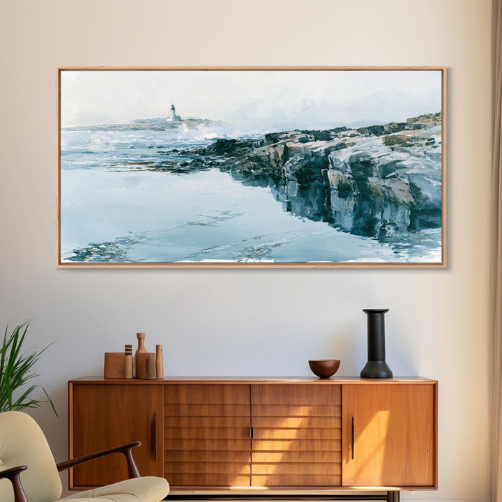 Dramatic Lighthouse in Distant Spray Canvas Print, Seascape Art, Coastal Decor, Watercolor Art, Seascape, Printable Art, SEA-2x1-98