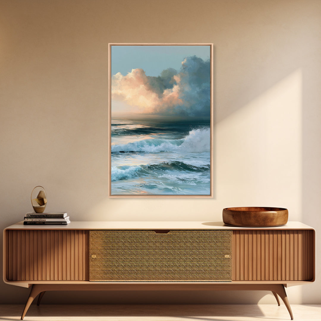Whitecaps Rolling under Storm Light Framed Canvas Print, Seascape Art, Contemporary Art, Coastal Decor, Oil Painting, Seascape, SEA-2x3-21