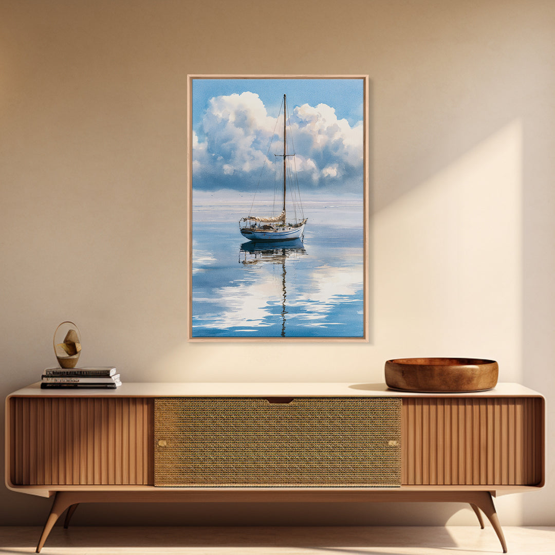 Quiet Sailboat on Glassy Water Framed Canvas Print, Seascape Art, Room Decor, Coastal Decor, Seascape, Digital Wall Art, SEA-2x3-64