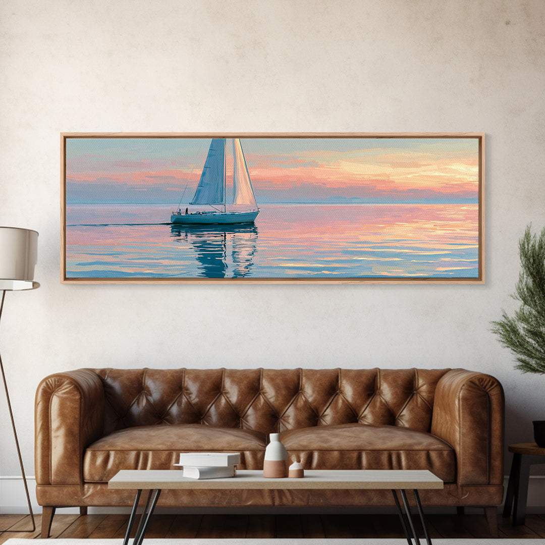 Quiet Sailboat on Glassy Water Canvas Print, Seascape Art, Abstract Painting, Coastal Decor, Fine Art, Seascape, Room Decor, SEA-3x1-24