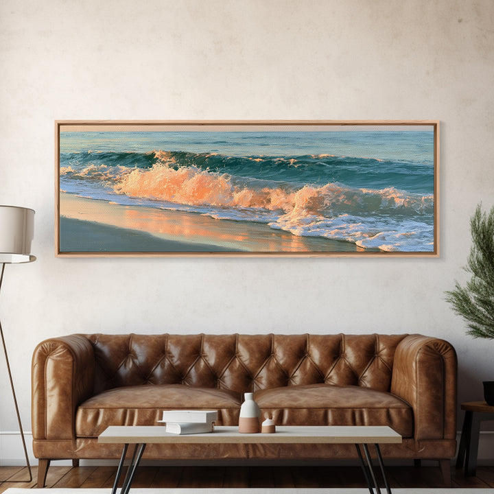 Sunset Surf Glowing Orange and Pink Framed Canvas Print, Seascape Art, Wall Decor, Coastal Decor, Fine Art, Seascape, SEA-3x1-44