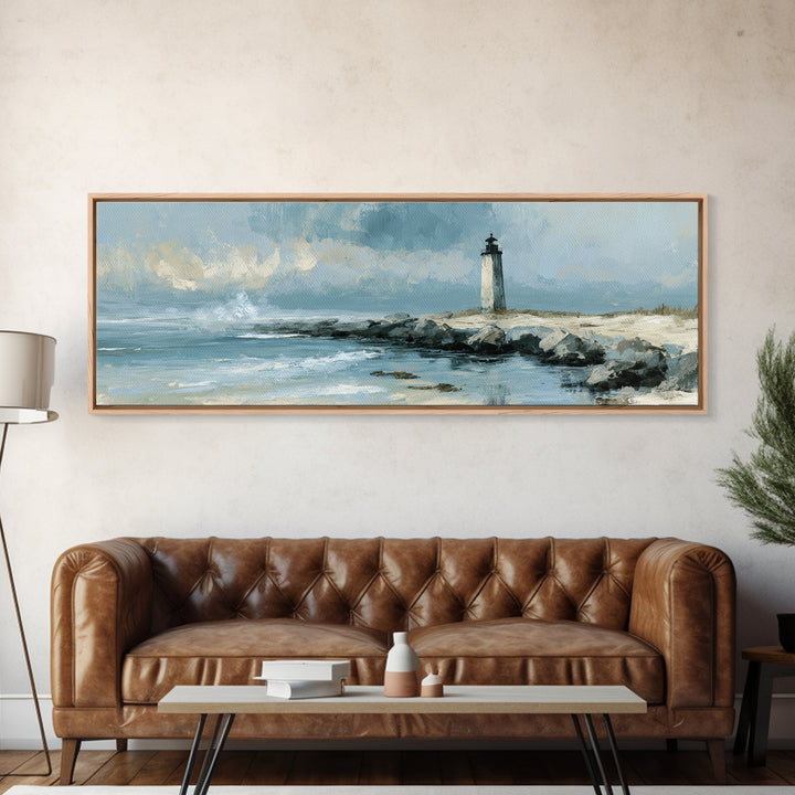Dramatic Lighthouse in Distant Spray Canvas Print, Seascape Art, Digital Print, Coastal Decor, Seascape, Watercolor Art, SEA-3x1-46