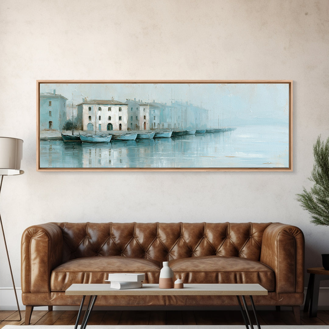 Mediterranean Harbor at Dawn Canvas Print, Seascape Art, Gallery Decor, Coastal Decor, Oil Painting, Seascape, Contemporary Art, SEA-3x1-62