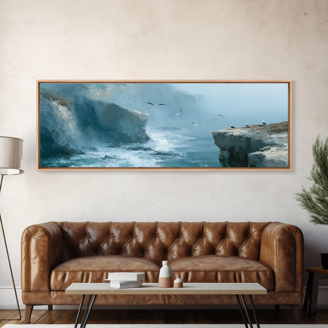 Misty Sea Cliffs Framed Canvas Print, Seascape Art, Bedroom Wall Art, Coastal Decor, Seascape, Boho Decor, Luxury Decor, SEA-3x1-69