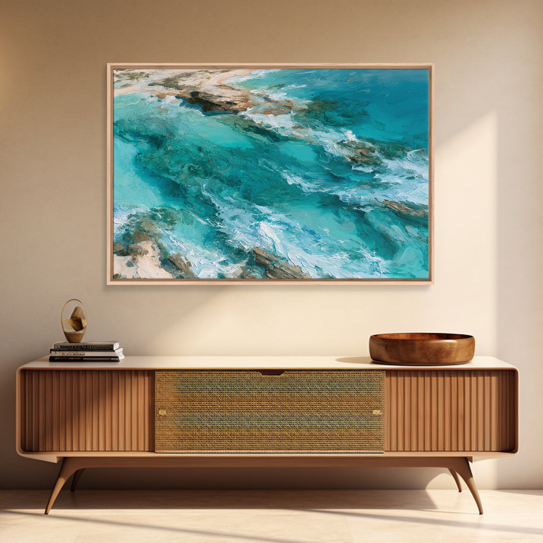 Aerial Reef Water Framed Canvas Print, Seascape Art, Original Art, Coastal Decor, Fine Art, Seascape, Living Room Wall Art, SEA-3x2-28