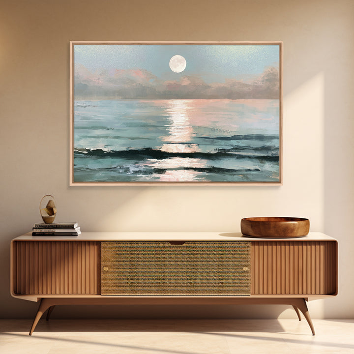 Moonlit Ocean with Silver Path of Light Framed Canvas Print, Seascape Art, Bedroom Wall Art, Coastal Decor, Watercolor Art, SEA-3x2-31