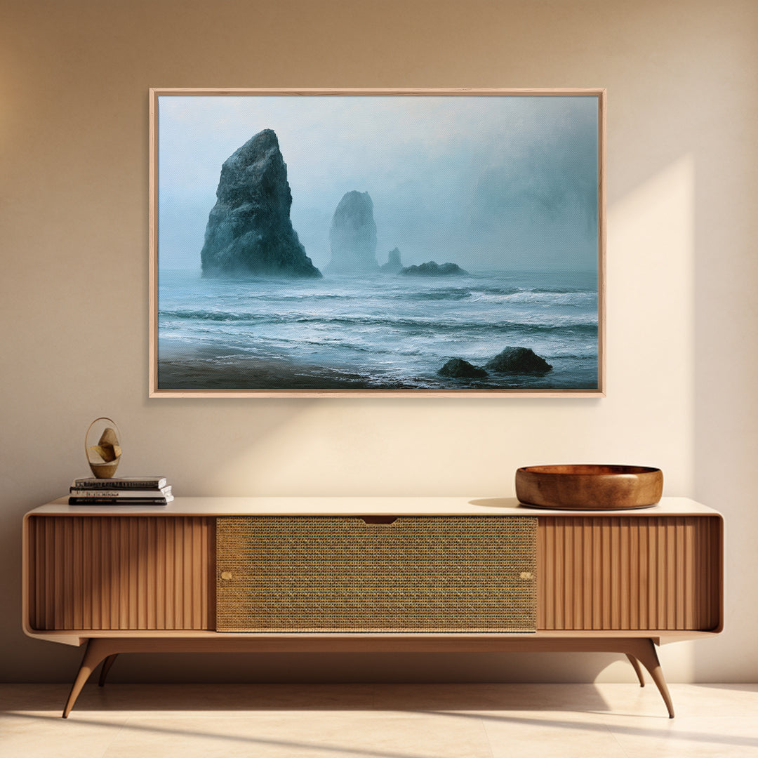 Sea Stack Rocks Framed Canvas Print, Seascape Art, Room Decor, Coastal Decor, Oil Painting, Seascape, Digital Wall Art, SEA-3x2-47