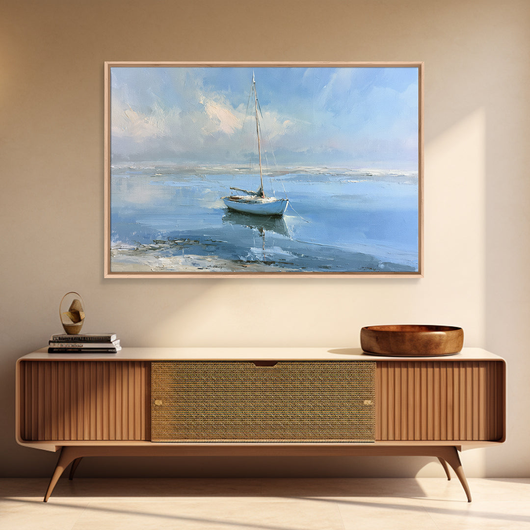 Quiet Sailboat on Glassy Water Framed Canvas Print, Seascape Art, Beach Decor, Coastal Decor, Seascape, Minimalist Decor, SEA-3x2-60