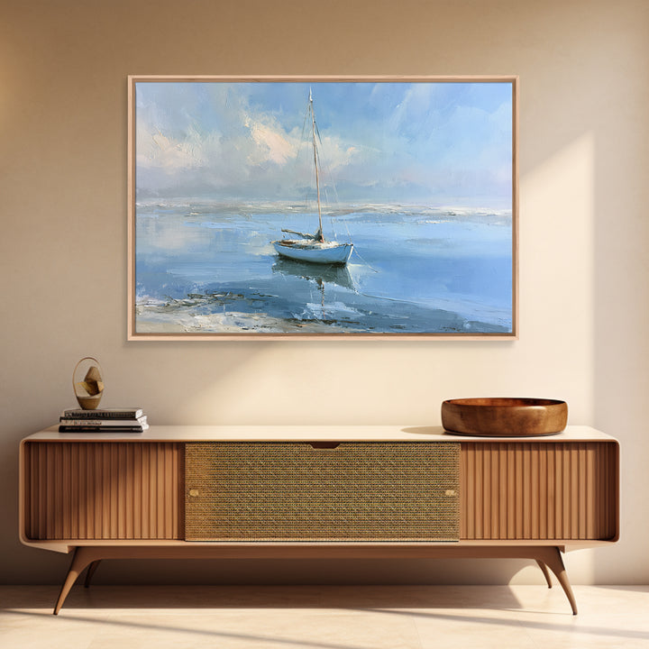 Quiet Sailboat on Glassy Water Framed Canvas Print, Seascape Art, Beach Decor, Coastal Decor, Seascape, Minimalist Decor, SEA-3x2-60