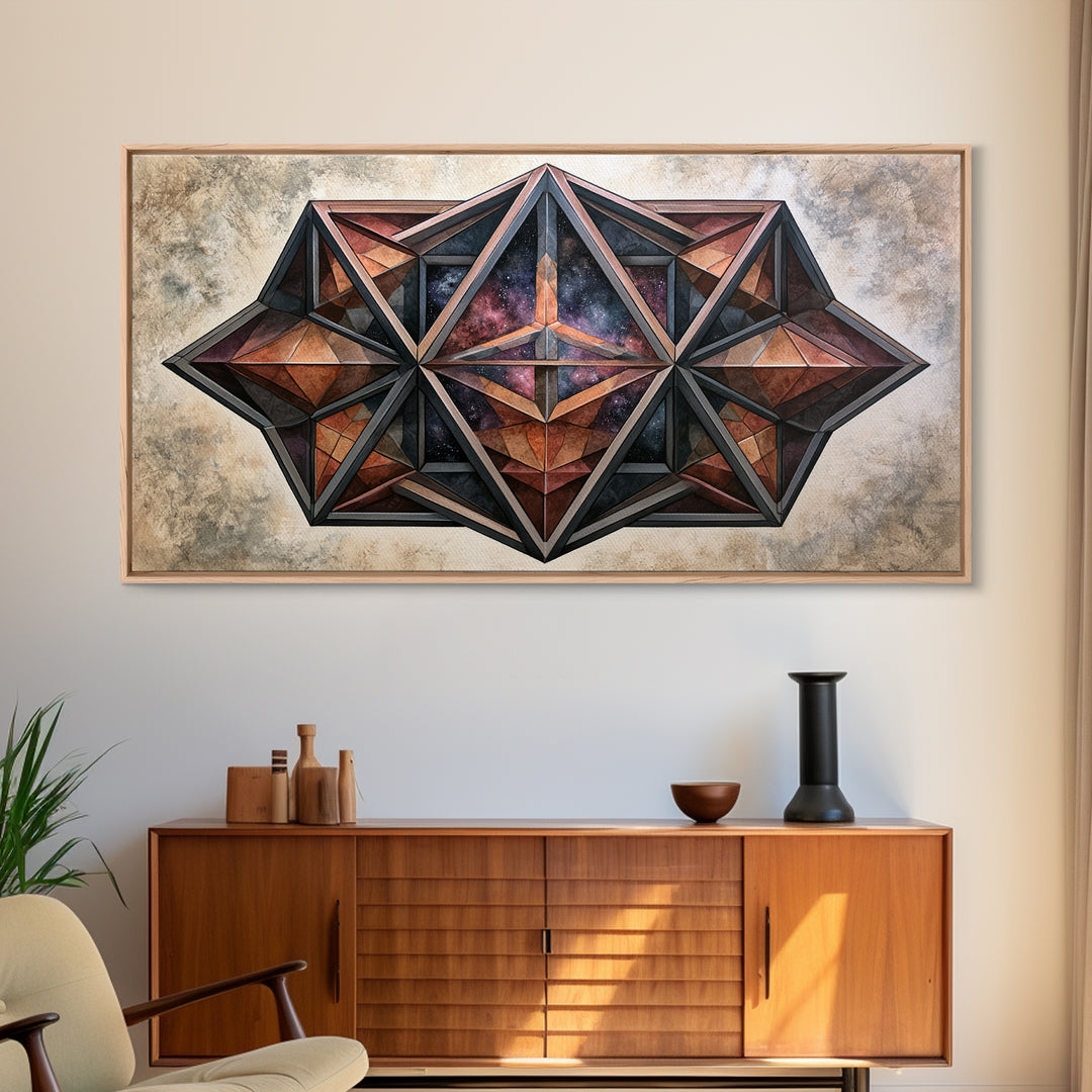 Star Tetrahedron with Watercolor Galaxy Wash Canvas Print, Sacred Geometry Art, Wabi Sabi Art, Living Room Decor, Geometry, SGA-2x1-100