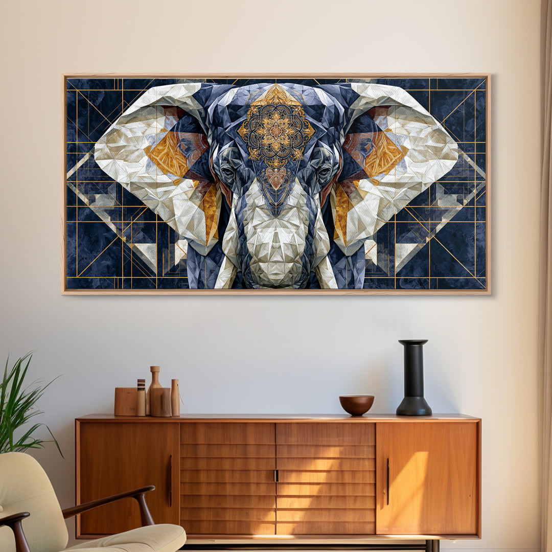 Geometric Elephant with Ornate Mandala Lines Canvas Print, Sacred Geometry Art, Contemporary Art, Living Room Decor, Geometry, SGA-2x1-54