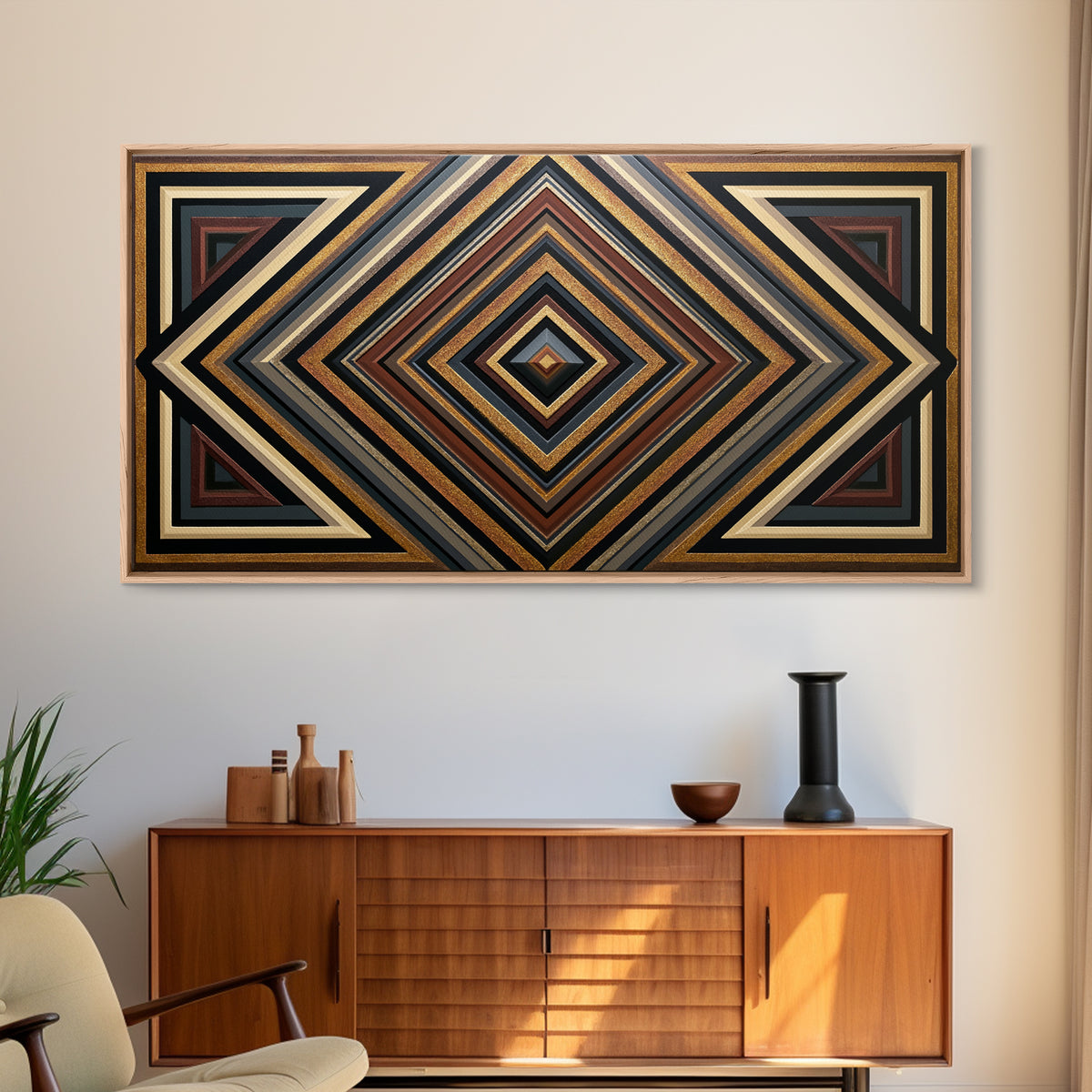 Black and Gold Geometric Rosette Framed Canvas Print, Sacred Geometry Art, Printable, Living Room Decor, Abstract Art, Geometry, SGA-2x1-56