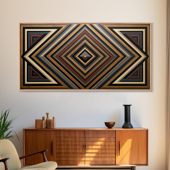 Black and Gold Geometric Rosette Framed Canvas Print, Sacred Geometry Art, Printable, Living Room Decor, Abstract Art, Geometry, SGA-2x1-56