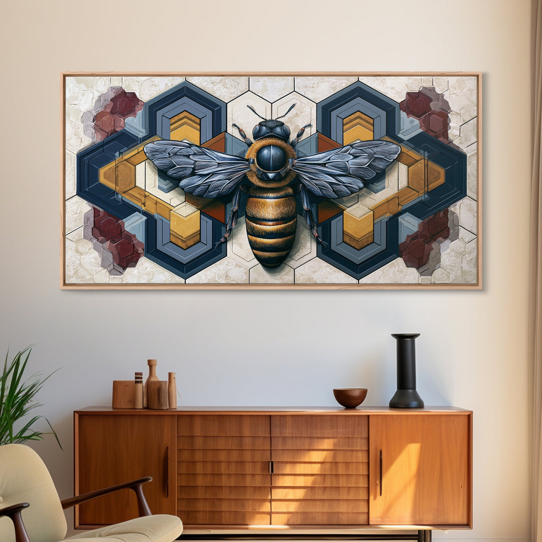 Hexagon Honeycomb Pattern Framed Canvas Print, Sacred Geometry Art, Living Room Decor, Oil Painting, Geometry, SGA-2x1-60