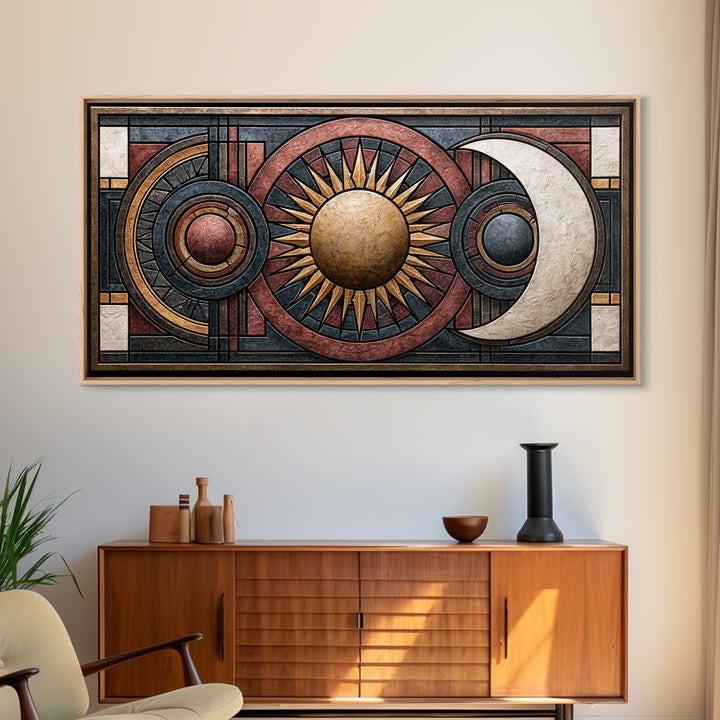 Geometric Sun and Moon Balance Design Framed Canvas Print, Sacred Geometry Art, Wall Hanging, Living Room Decor, Geometry, SGA-2x1-72