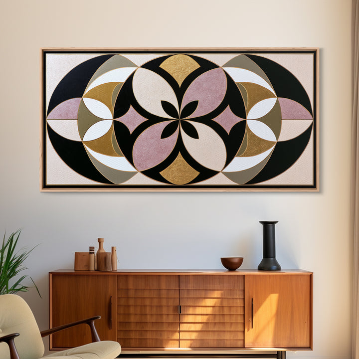 Black and Gold Geometric Rosette Framed Canvas Print, Sacred Geometry Art, Midcentury Modern, Living Room Decor, Geometry, SGA-2x1-80